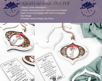 Santa's Magic Key Mix & Match Ornament Set | Open Ornament, Ornate Key, Frames + Printable Poem | SVG/PDF | Glowforge | Laser Cutting