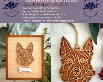 Può includere: Un ornamento in legno a forma di testa di pastore tedesco con un'etichetta a forma di osso con il nome "KONA". L'ornamento è disponibile in formato SVG e PDF per il download digitale. Può essere personalizzato con o senza una forma di osso e viene fornito con un modello di cornice per la decorazione canina tutto l'anno.