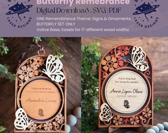 Butterfly Remembrance Set | 1 Design Set | Sign, Votive Holder, Ornament | Memorial| Home Decor, Gift | SVG/PDF | Glowforge Laser Cutting