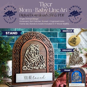 TIJGER moeder baby | Los dier | Ornamenten, zonnevangers, lijst, standaard | SVG en pdf | Lasersnijden, Moederdag, Sieraden
