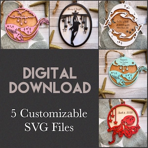 May include: Five digital SVG files for customizable Christmas ornaments. The ornaments feature a whale, an orca, a seahorse, an octopus, and a whale with a moon and stars. The ornaments are in various colors, including pink, blue, red, and white.