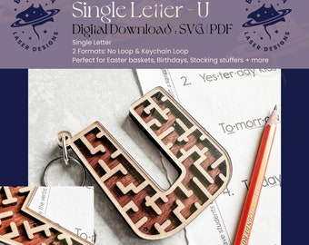 U - Single Letter Maze | Monogram Maze Game, Keychain loop option | SVG/PDF | Laser Cutting | Easter Basket | Stocking Stuffer