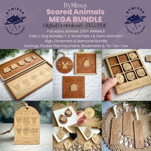 May include: A collection of laser-cut wooden items featuring animal designs. The bundle includes earrings, keychains, bookmarks, and a tic-tac-toe game. The text on the image reads "ByMissa Scored Animals MEGA BUNDLE Digital Download".