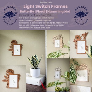 Molduras para interruptores de luz - borboleta, floral e beija-flor | SVG/PDF | Decoração do quarto | Projetos de switch 1 e 2 em 2 tamanhos | Arquivo de corte a laser Glowforge