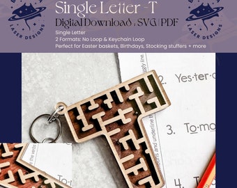 T - Single Letter Maze | Monogram Maze Game, Keychain loop option | SVG/PDF | Laser Cutting | Easter Basket | Stocking Stuffer