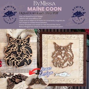 Maine coon | Dessin au trait chat | Modèle de race de chat UNIQUE | Ornements, attrape-soleil, cadre, monument commémoratif | SVG et PDF | Forge luminescente et découpe laser