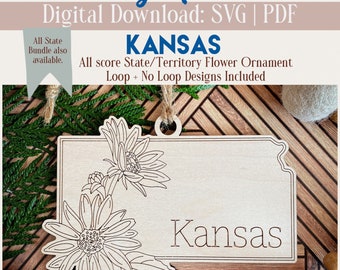 Kansas | Single State Flower Design| With Ornament Loop & Without | Ornament, Magnet, Sign | SVG/PDF | Glowforge Laser Cutting Template