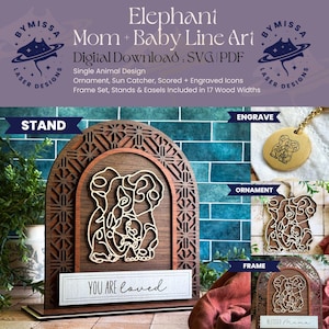 OLIFANT moeder baby | Los dier | Ornamenten, zonnevangers, lijst, standaard | SVG en pdf | Lasersnijden, Moederdag, Sieraden