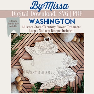 Washington | Single State Flower Design| With Ornament Loop & Without | Ornament, Magnet, Sign | SVG/PDF | Glowforge Laser Cutting Template