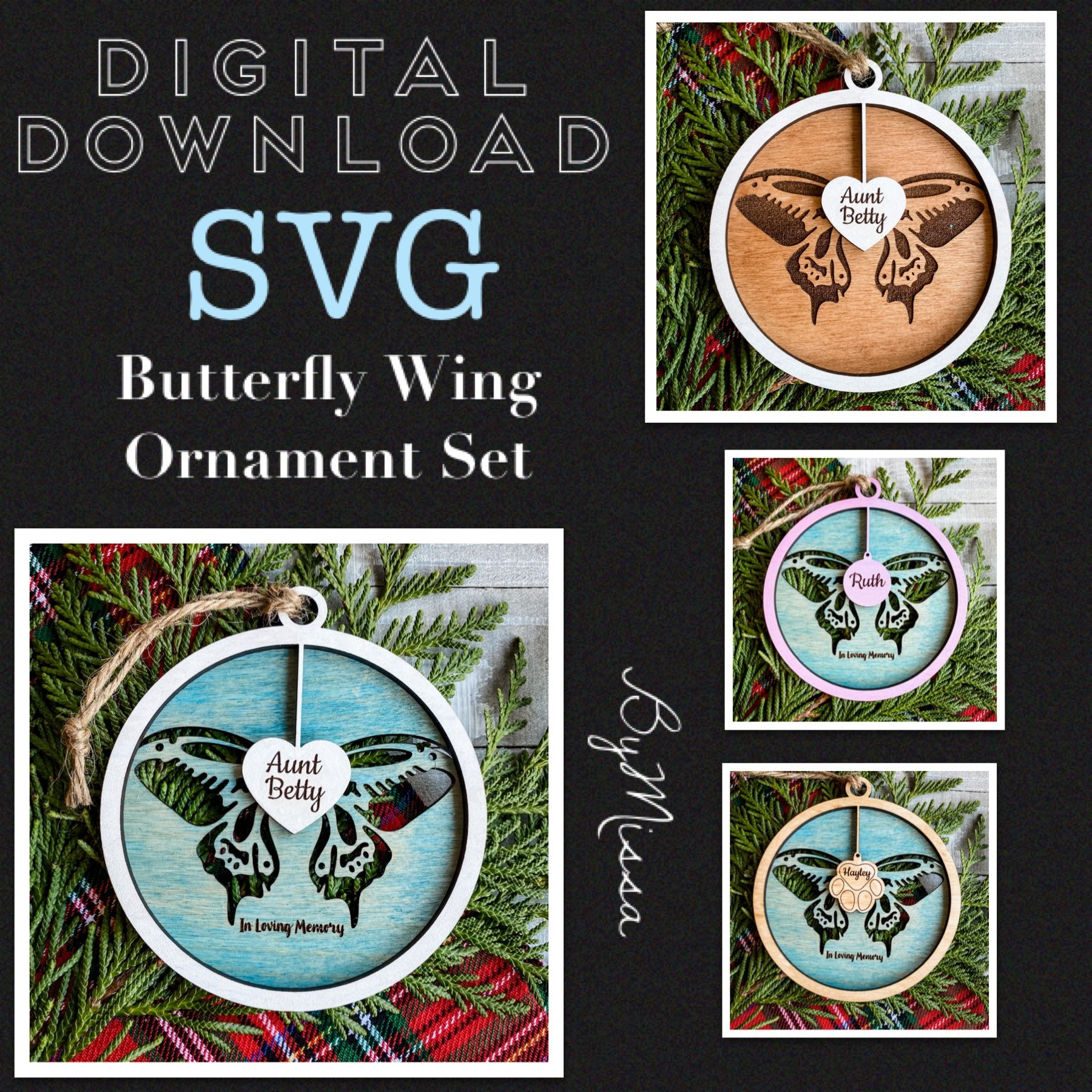 BUTTERFLY Wing Ornament Set |Heart/Ball/Paw | SVG | Glowforge and Laser Cutting