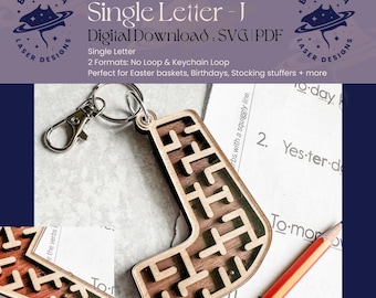 J - Single Letter Maze | Monogram Maze Game, Keychain loop option | SVG/PDF | Laser Cutting | Easter Basket | Stocking Stuffer