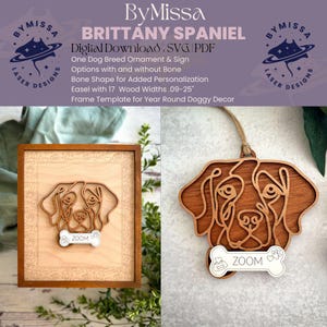 Brittany Spaniel Line Art / Design di razza di cane / Ornamenti, acchiappasole, decorazioni con cornice / SVG e PDF / Glowforge e taglio laser, amante dei cani