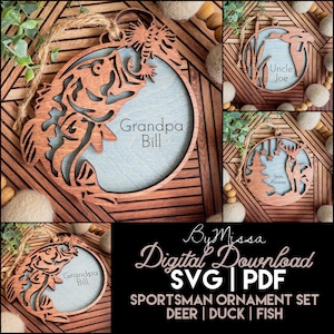 Juego de adornos de deportistas: adornos de ciervos, patos y peces. 3 diseños inspirados en deportistas, actividades al aire libre y caza. Compatible con Glowforge. Plantillas de corte láser.