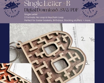 B - Single Letter Maze | Monogram Maze Game, Keychain loop option | SVG/PDF | Laser Cutting | Easter Basket | Stocking Stuffer