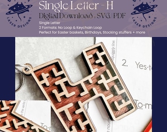 H - Single Letter Maze | Monogram Maze Game, Keychain loop option | SVG/PDF | Laser Cutting | Easter Basket | Stocking Stuffer