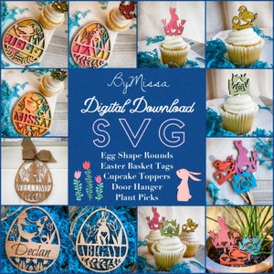 春の卵コレクション | バスケットタグ、エッグラウンド、カップケーキトッパー、植物ピック | SVG および PDF | Glowforge およびレーザーカット