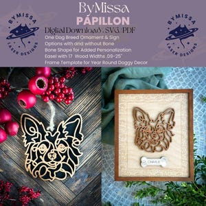 Arte lineal de Papillon / Diseño de razas de perros / Adornos, atrapasoles, decoración de marcos / SVG y PDF / Glowforge y corte láser, amantes de los perros
