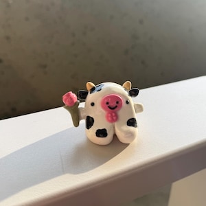 Handmade Polymer Clay Cow Ring Holder, Desk Friend with Rose