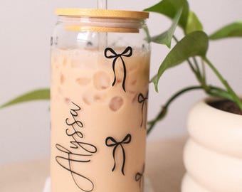 Vaso de cristal personalizado con lazo coqueto, taza de café helado, vajilla femenina