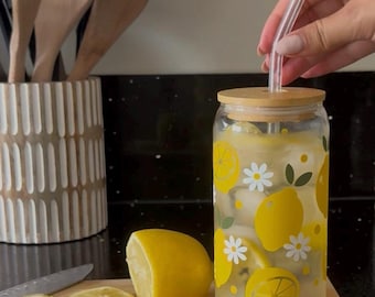 Lemon Print Glass Cup with Bamboo Lid & Straw: Citrus Drinkware