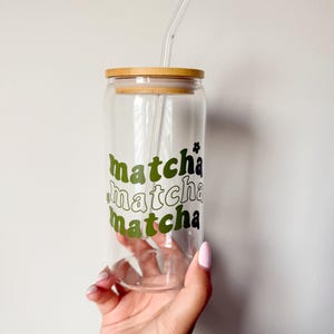 Matcha glass cup matcha design green tea lovers gift ideas matcha lovers everything matcha accessories vinyl glass tumbler with bamboo lid