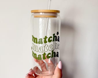 Matcha Glass Cup: Green Tea Lover Gift, Bamboo Lid & Straw