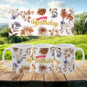 Happy Birthday Floral Mug - 11oz Coffee Cup - Watercolor Botanical Gift for Her, Mom, Sister - Birthday Present - Boho Aesthetic