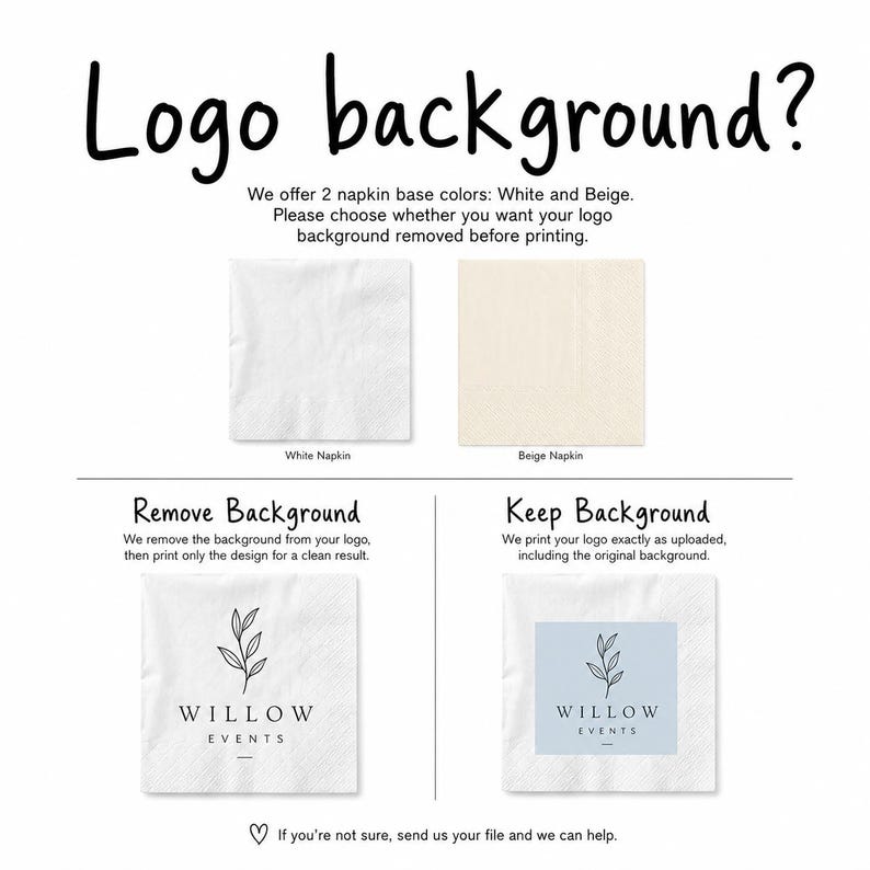 May include: A graphic display showing two square napkin options in white and beige. It illustrates two printing choices: Remove Background, showing a leaf logo without a box, and Keep Background, showing the same logo inside a light blue square.