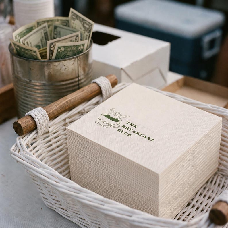 May include: A stack of square, light-colored paper napkins featuring a green graphic of a coffee cup and the text THE BREAKFAST CLUB, placed inside a white woven basket with a wooden handle, next to a metal container filled with US dollar bills.