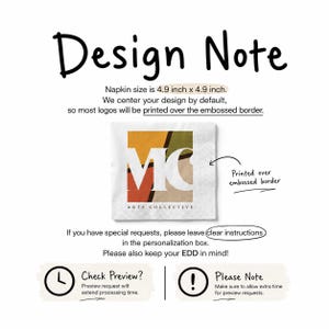 May include: A square white napkin measuring 4.9 inches by 4.9 inches with an embossed border. The center features a graphic logo with the letters MC and the text ARTS COLLECTIVE in black, set against a background of orange, yellow, and brown shapes.