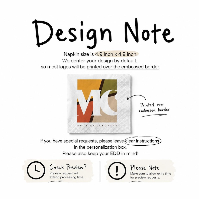 May include: A square white napkin measuring 4.9 inches by 4.9 inches with an embossed border. The center features a graphic logo with the letters MC and the text ARTS COLLECTIVE in black, set against a background of orange, yellow, and brown shapes.