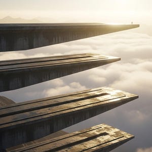 Pode incluir: Uma série de quatro plataformas horizontais de betão empilhadas que se estendem a partir de uma encosta rochosa. As estruturas apresentam uma textura cinzenta e desgastada com ranhuras lineares, suspensas sobre nuvens brancas.