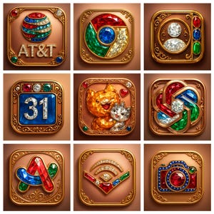May include: Nine ornate, square-shaped icons with a bronze-colored background and gold filigree borders. Each icon features a different design, including a globe with "AT&T" text, a Chrome logo, a user profile, a calendar with the number "31", two cats, a network symbol, a stylized "A", a Wi-Fi symbol, and a camera.