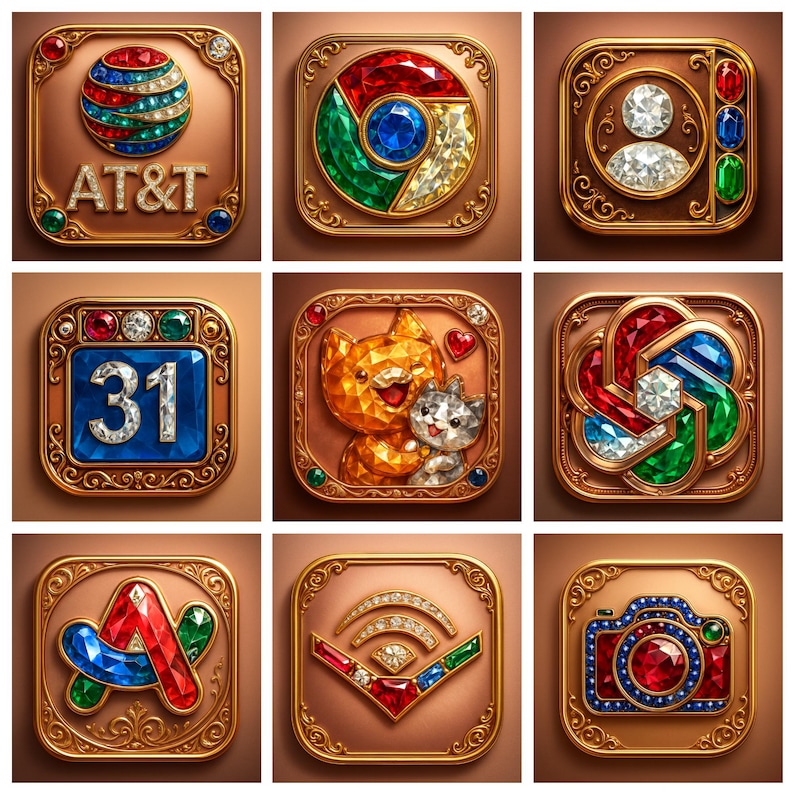 May include: Nine ornate, square-shaped icons with a bronze-colored background and gold filigree borders. Each icon features a different design, including a globe with "AT&T" text, a Chrome logo, a user profile, a calendar with the number "31", two cats, a network symbol, a stylized "A", a Wi-Fi symbol, and a camera.