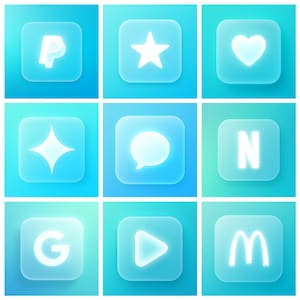 May include: Nine square, light blue, translucent icons with white symbols. The icons include a PayPal logo, a star, a heart, a four-pointed star, a speech bubble, the Netflix logo, the Google logo, a play button, and the McDonald's logo.