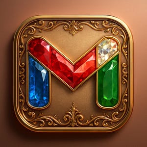May include: A gold-framed emblem featuring a large, jewel-toned "M" shape. The "M" is composed of red, white, blue, and green gemstones. The emblem has an ornate, swirling design around the edges, set against a brown background.