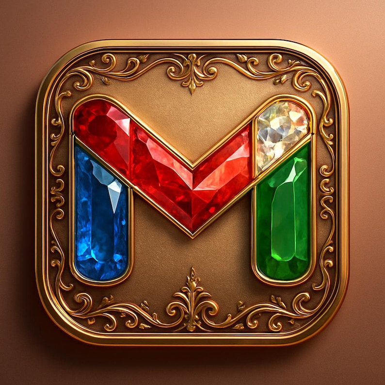 May include: A gold-framed emblem featuring a large, jewel-toned "M" shape. The "M" is composed of red, white, blue, and green gemstones. The emblem has an ornate, swirling design around the edges, set against a brown background.