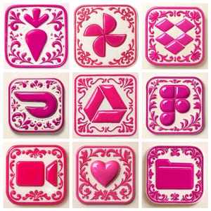 Könnte beinhalten: Neun quadratische, rosa und weiße dekorative Kacheln mit verschiedenen Icons. Jede Kachel zeigt ein rosa Icon auf weißem Hintergrund, umrahmt von einem rosa Blumenmuster. Zu den Icons gehören eine Standortmarkierung, ein vierblättriges Design und ein Herz.