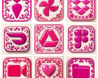 May include: Nine square, pink and white decorative tiles with various icon designs. Each tile features a pink icon on a white background, framed by a pink floral border. Icons include a location pin, a four-petal design, and a heart.