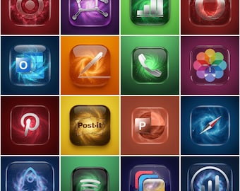 Op de afbeelding: Een verzameling van zestien vierkante, glanzende app-pictogrammen met een 3D-effect. Elk pictogram heeft een uniek ontwerp, waaronder een doel, een sterrenbeeld, een staafdiagram en de letter "O". De achtergronden hebben wervelende, kleurrijke patronen.