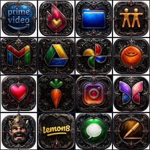 Può includere: Una collezione di icone quadrate ornate con sfondi scuri e bordi intricati. Ogni icona presenta un design diverso, tra cui un cuore, una carota e i loghi di Prime Video, Gmail e Instagram. Le icone hanno un tema medievale o fantasy.