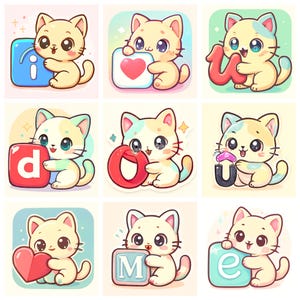 Puede incluir: Una colección de nueve imágenes de dibujos animados con adorables gatitos. Cada gatito es de color amarillo claro con detalles en azul y blanco, sosteniendo varios objetos como letras, un corazón y un icono de información. Los gatitos tienen ojos grandes y están sobre fondos pastel.