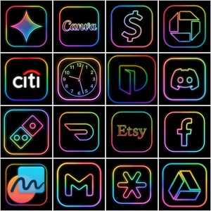 Puede incluir: Dieciséis iconos de aplicaciones con un contorno de arcoíris de neón sobre un fondo negro. Los iconos incluyen Canva, un signo de dólar, Citi, un reloj, Domino's, DoorDash, Etsy, Facebook y más.