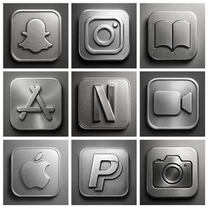 Peut inclure: Neuf carreaux métalliques carrés avec des icônes d'applications en relief, dont Snapchat, Instagram, un livre, le logo App Store, Netflix, une caméra vidéo, le logo Apple, PayPal et un appareil photo. Les icônes sont argentées sur fond gris.