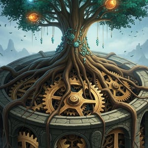 Puede incluir: Un gran árbol con hojas verde azulado y frutos brillantes se asienta sobre una estructura de piedra llena de engranajes de latón entrelazados. Las raíces se extienden hacia la base mecánica, que presenta arcos de piedra y engranajes.