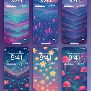 以下が含まれることがあります： 夢のような風景イラストが特徴の、6つの携帯電話用壁紙。各画面には9:41の時刻、日付、および「Happy Every Day」のテキストが表示されます。デザインには、星空、花の野原、キノコの森が含まれています。
