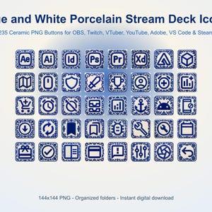 May include: A collection of 235 blue and white porcelain-style square digital icons for Stream Deck, featuring various software and utility symbols. The text reads Blue and White Porcelain Stream Deck Icons, 235 Ceramic PNG Buttons, and 144x144 PNG.