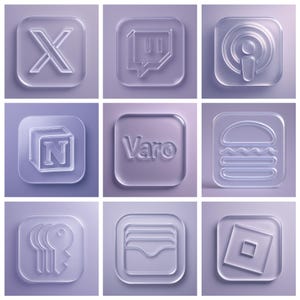 May include: Nine transparent, square-shaped icons with embossed designs. The icons include an "X", a chat bubble with vertical bars, a podcast symbol, a block with an "N", the word "Varo", a burger, keys, a wallet, and a square with a smaller square.