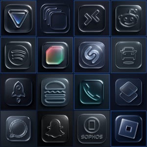 May include: A grid of 16 dark glass app icons. The icons include a play button, layered squares, arrows, a Reddit alien, Spotify logo, a color gradient, Shazam logo, a car, a rocket, a burger, a phone, layered squares, a speech bubble, a Snapchat ghost, a Sophos logo, and a Roblox logo.
