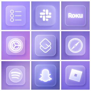 May include: Nine square, frosted glass-like icons on a purple background. The icons include a menu, Slack, Roku, settings, a layered square, a compass, Spotify, Snapchat, and Roblox. Each icon is white and glows.